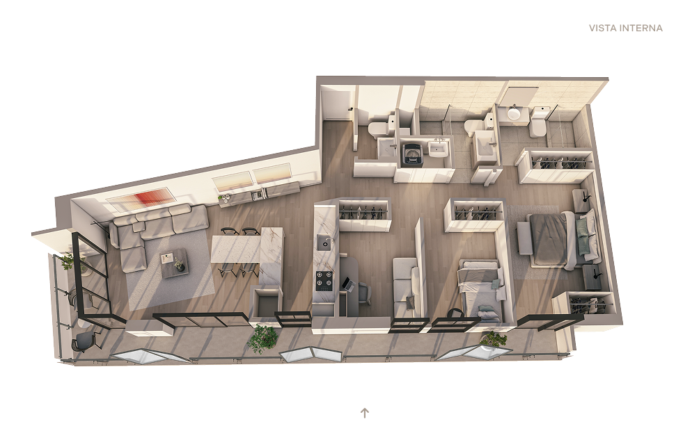 Plano 3D del departamento X02 del proyecto Reducto Aster Homes en Miraflores con distribución de 3 dormitorios.