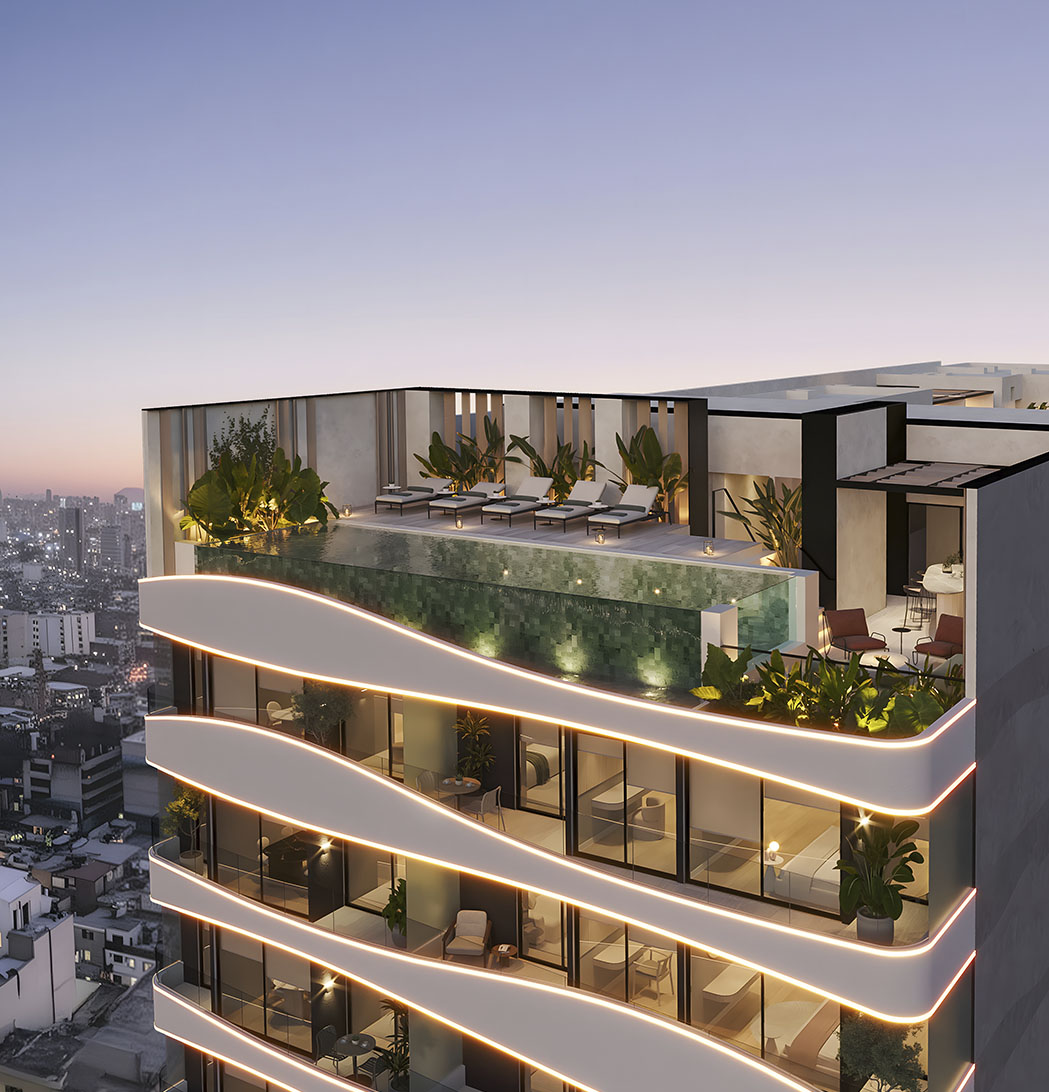 Vista en ángulo del proyecto Aster Costanera de Aster Homes, edificio con diseño contemporáneo y departamentos en venta en la zona costera de San Miguel.