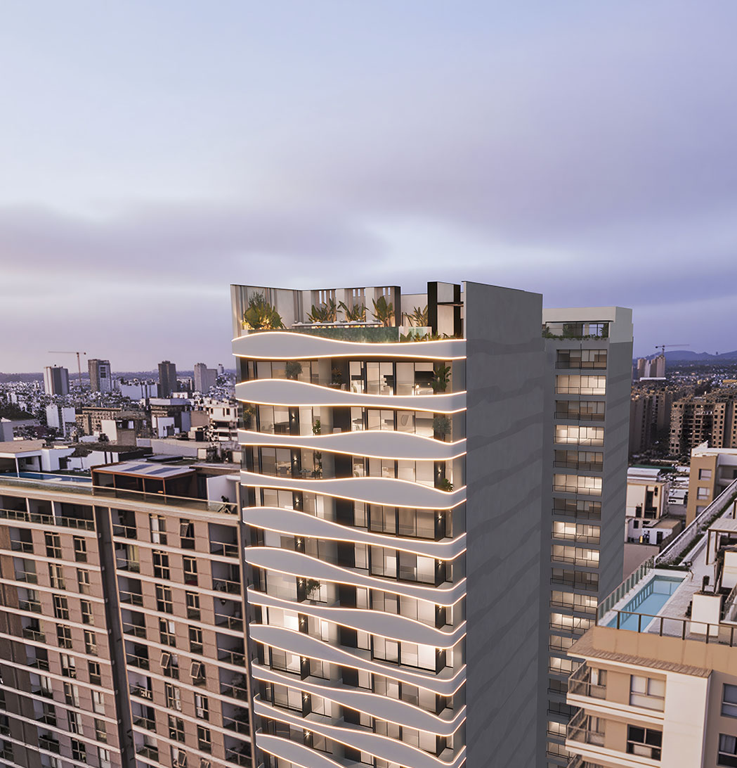 Vista en ángulo del proyecto Aster Costanera de Aster Homes, edificio con diseño contemporáneo y departamentos en venta en la zona costera de San Miguel.