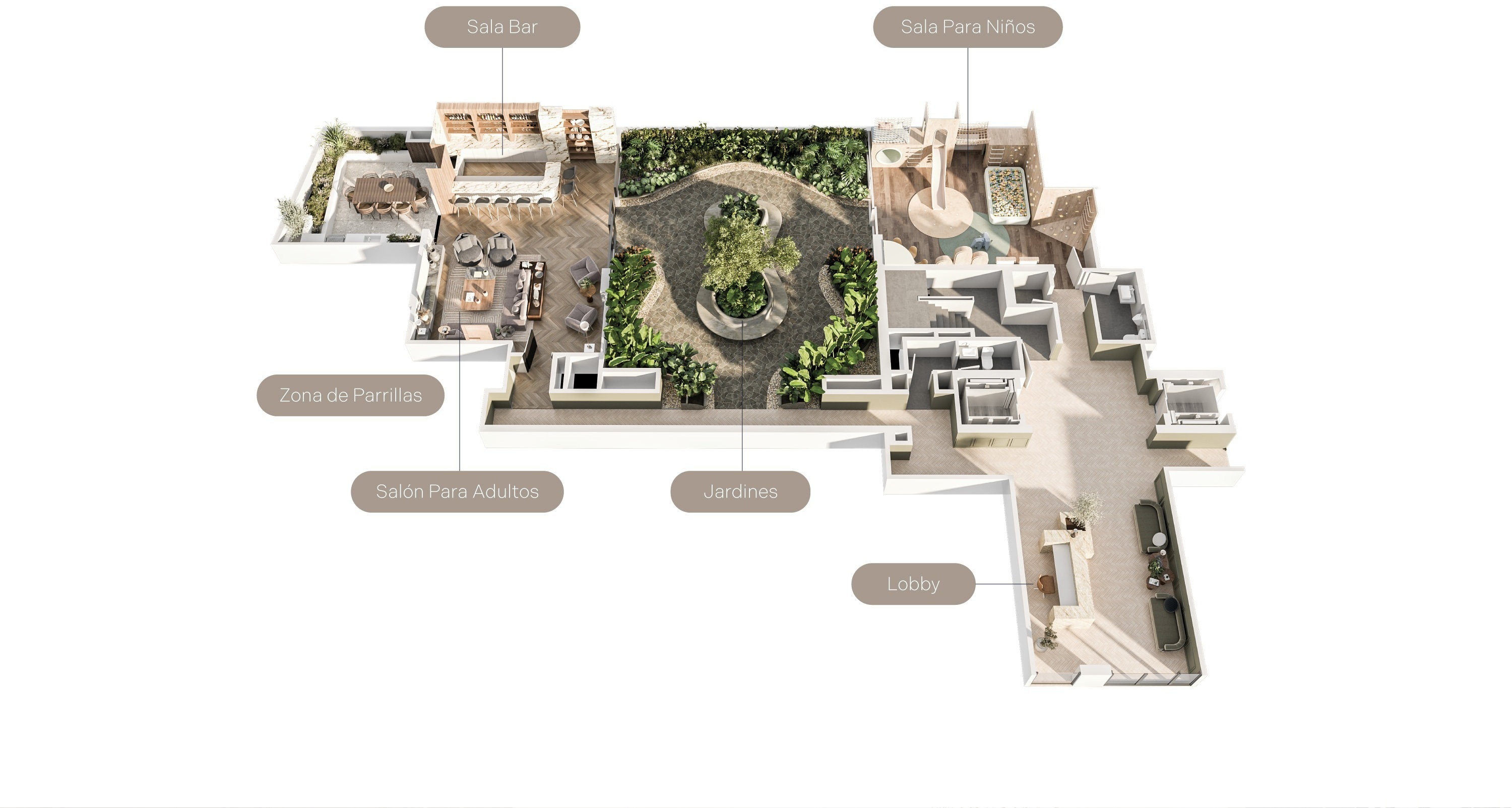 Sala del proyecto Reducto de Aster Homes con acabados premium, diseño contemporáneo y área de coworking elegante.