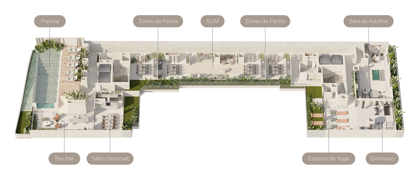 Barra del proyecto Basadre de Aster Homes con revestimientos en mármol, iluminación cálida y mobiliario de diseño.