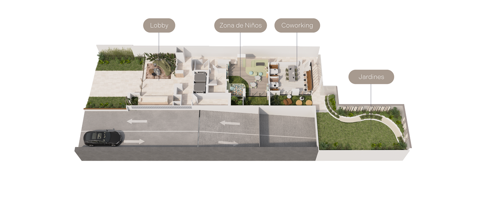 Sala del proyecto Reducto de Aster Homes con acabados premium, diseño contemporáneo y área de coworking elegante.