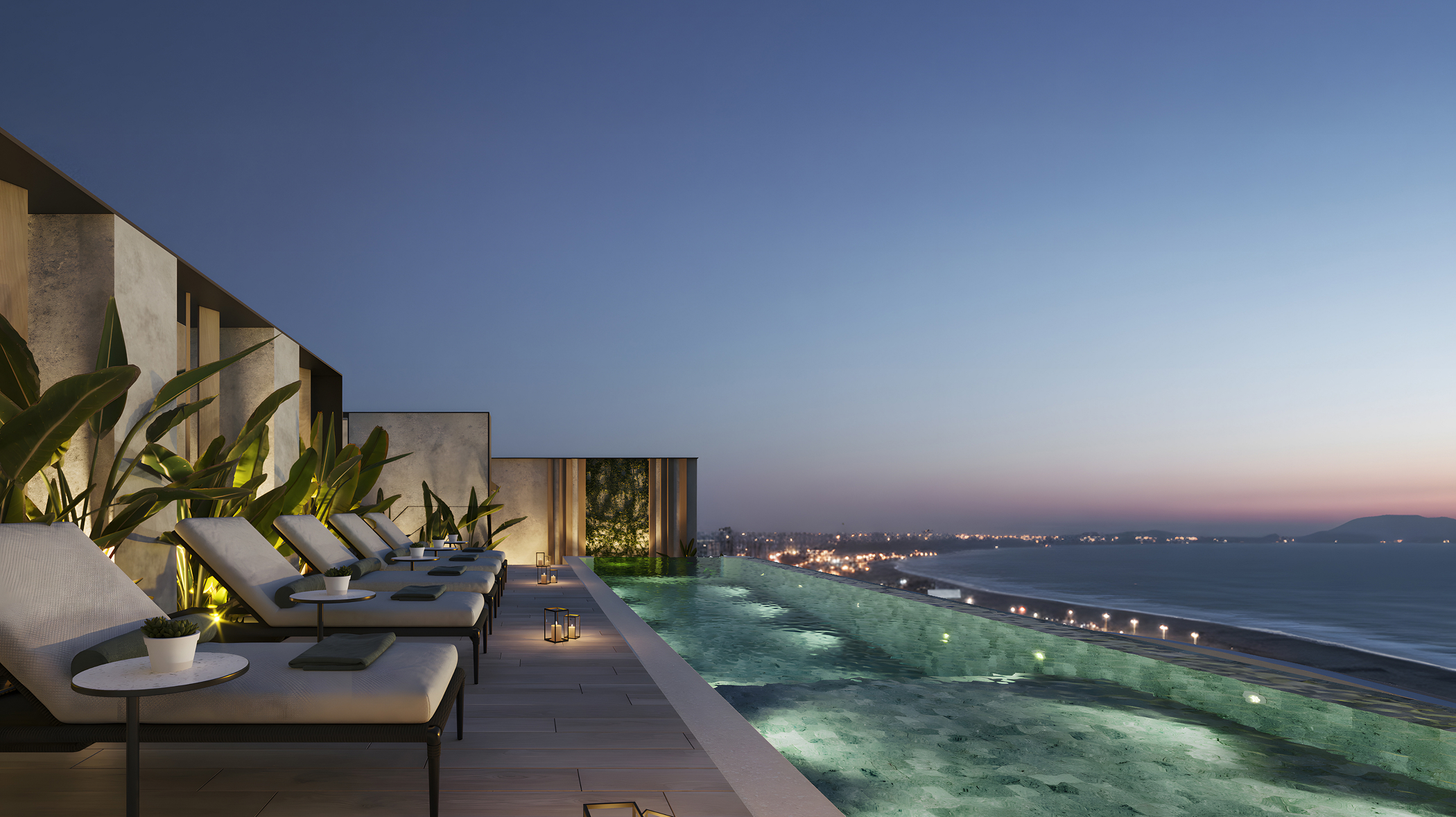 Lobby del proyecto Aster Costanera en San Miguel de Aster Homes con diseño contemporáneo, tonos cálidos y decoración con plantas naturales.