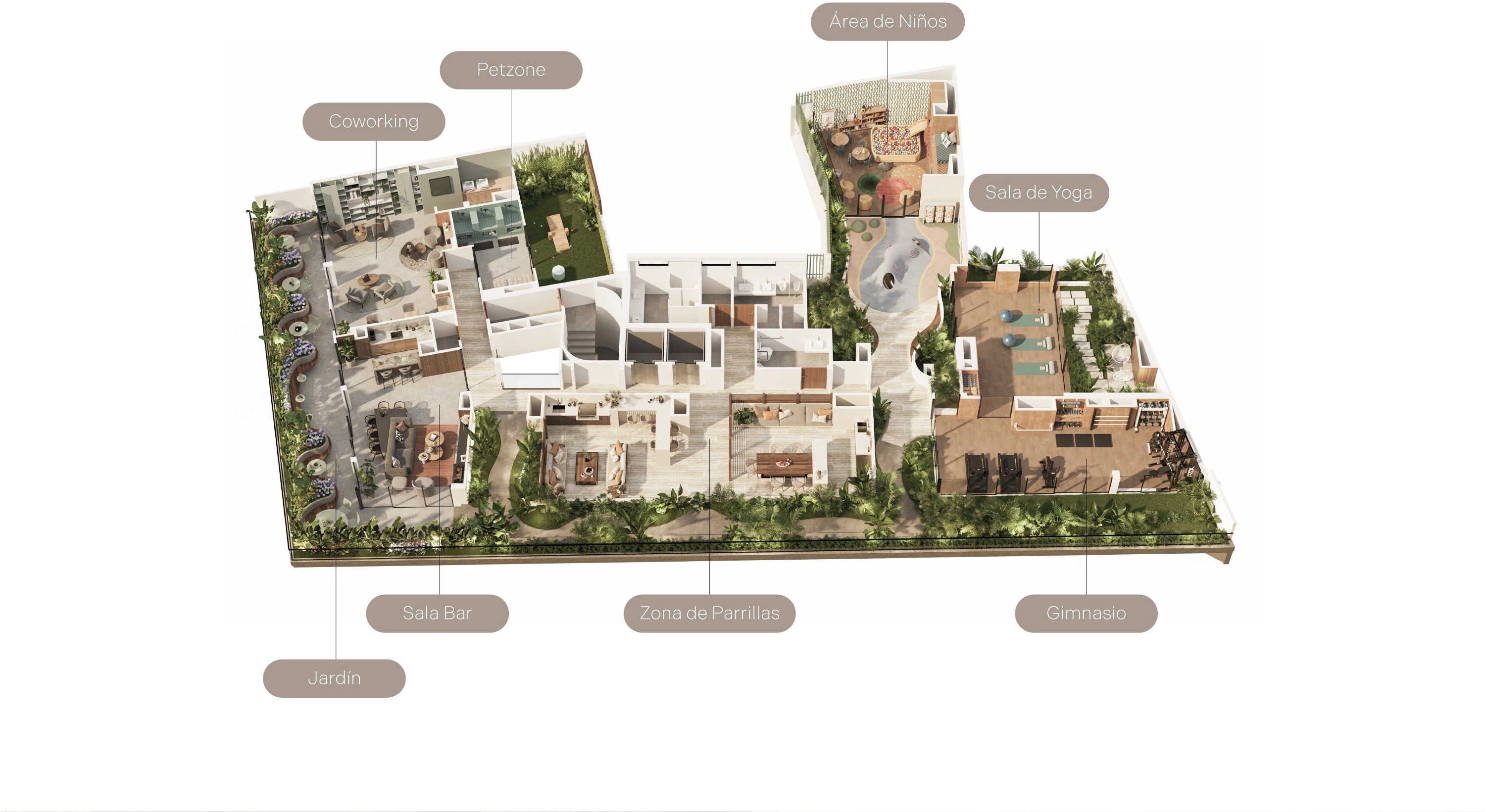 Sala del proyecto Reducto de Aster Homes con acabados premium, diseño contemporáneo y área de coworking elegante.